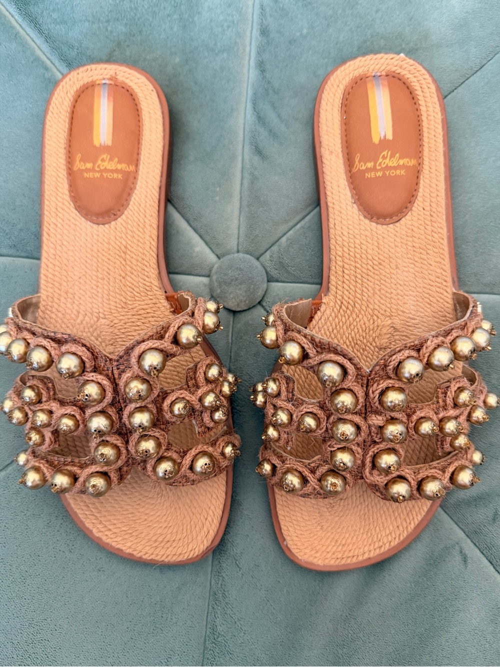 Sam Edelman Brown Slide Sandals with Gold Stud Embellishments - Great Condition